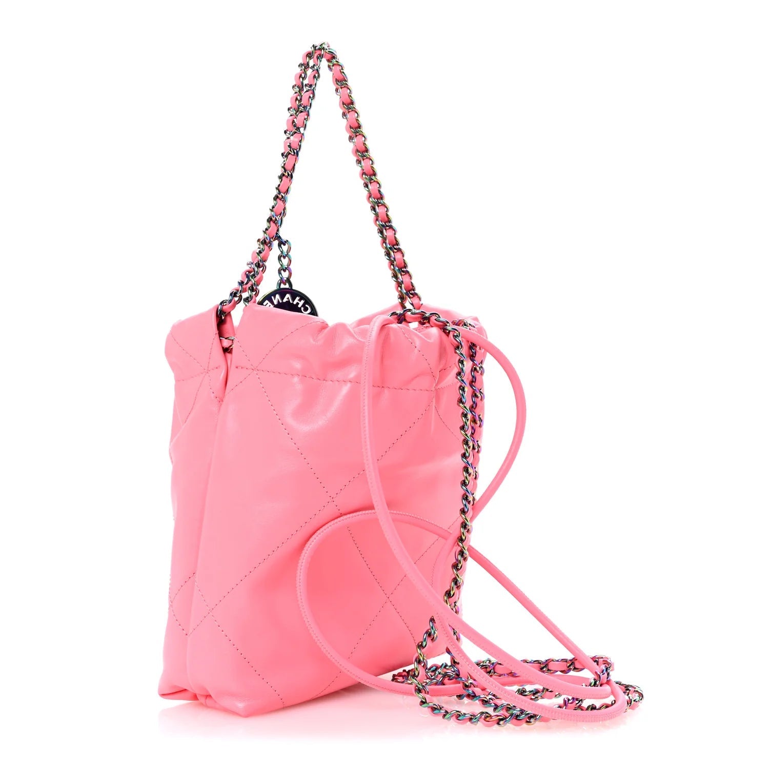 Shiny Calfskin Quilted Rainbow Metal Mini  22 Coral Pink