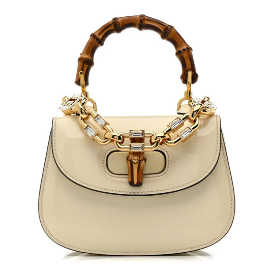 Patent Crystal Mini Bamboo 1947 Top Handle Chain Bag White