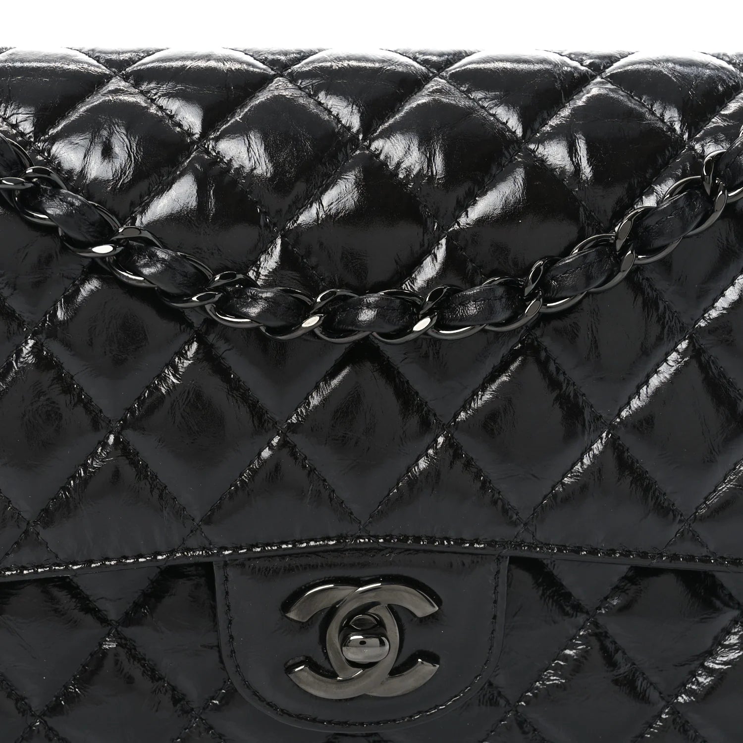 Shiny Crumpled Calfskin Quilted Medium Double Flap so Black