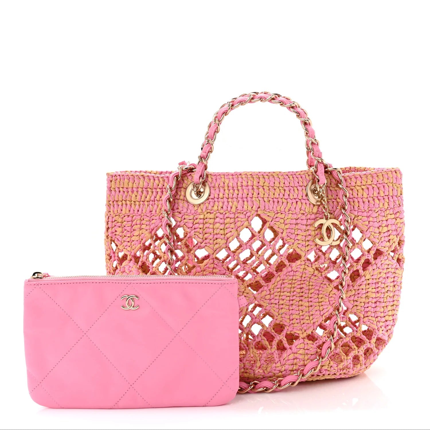 Raffia Effect Braided Small Shopping Bag Beige Pink