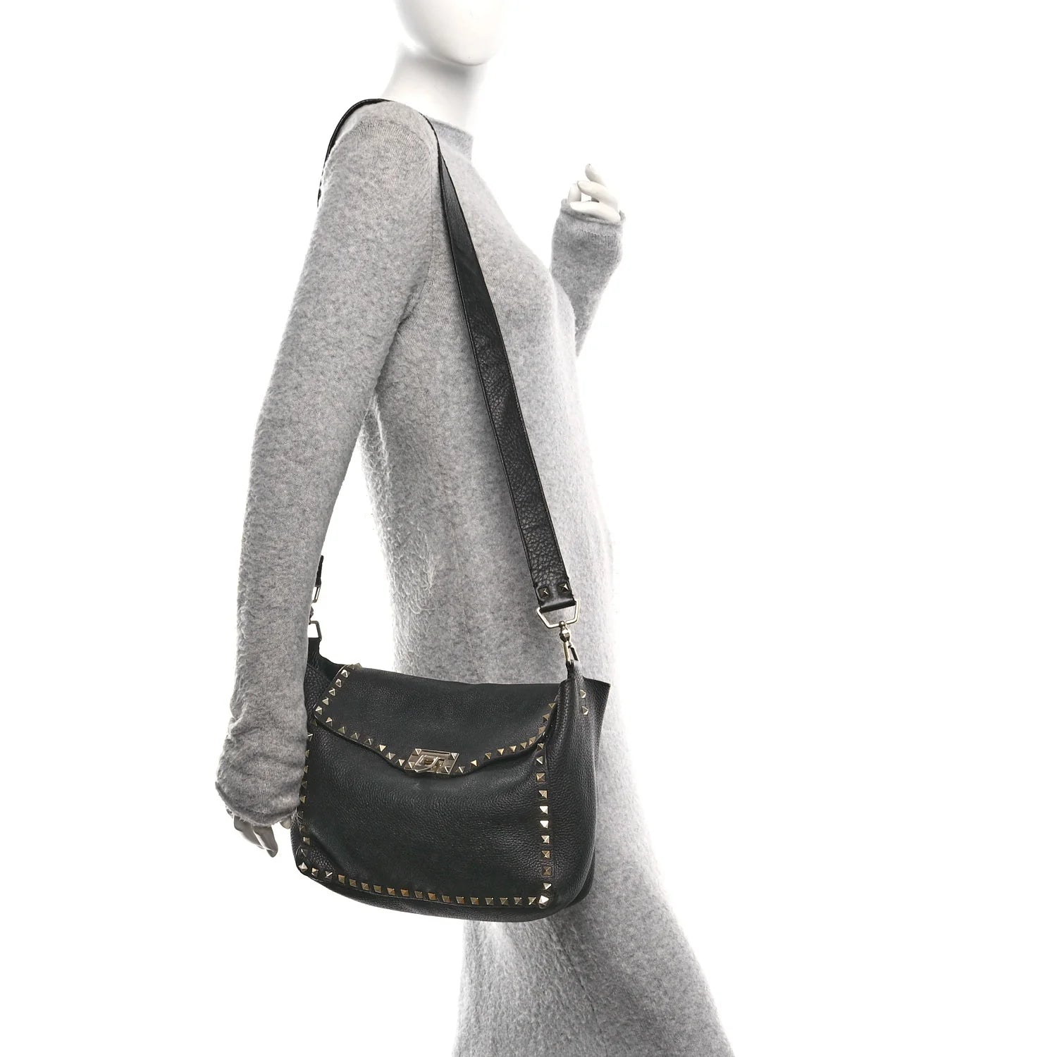 Pebbled Calfskin Rockstud Flip-Lock Messenger Bag Black