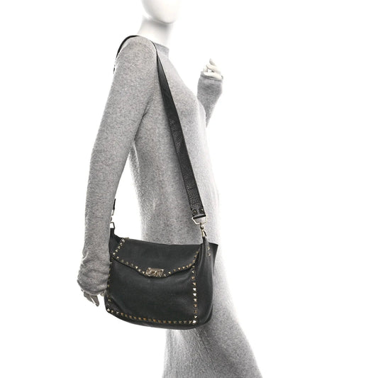 Pebbled Calfskin Rockstud Flip-Lock Messenger Bag Black