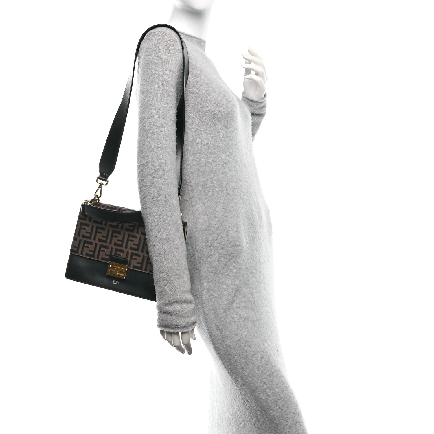 Vitello Liberty Bi-Color FF 1974 Embossed Chain Strap Kan U Shoulder Bag Black Maya