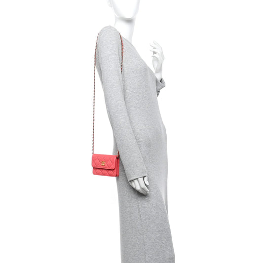 Shiny Lambskin Quilted Card Holder on Chain Pink