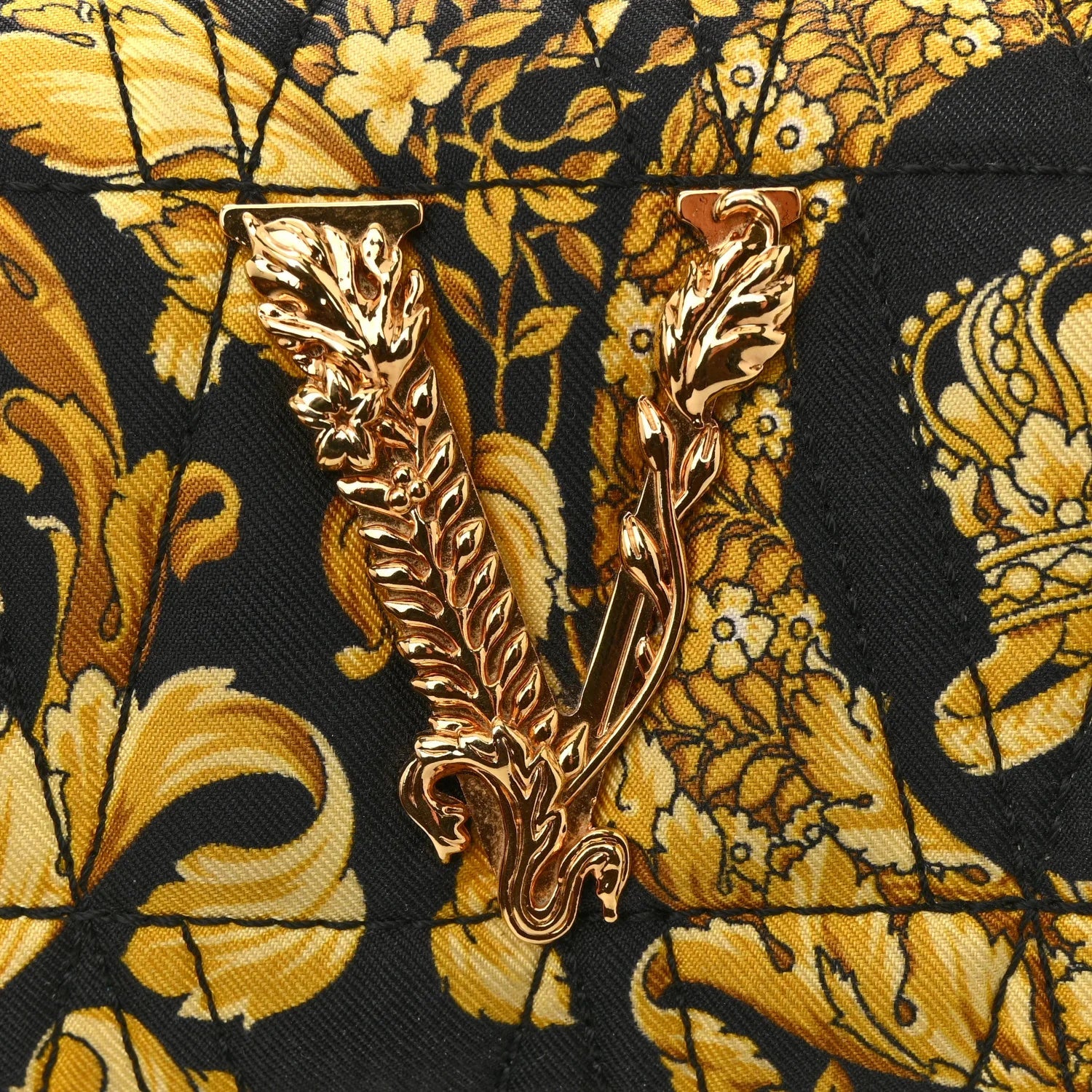 Silk Barocco Printed Quilted Virtus V Mini Chain Flap Shoulder Bag Black Gold