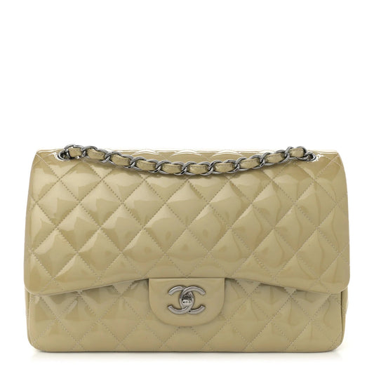 Patent Calfskin Quilted Jumbo Double Flap Grey