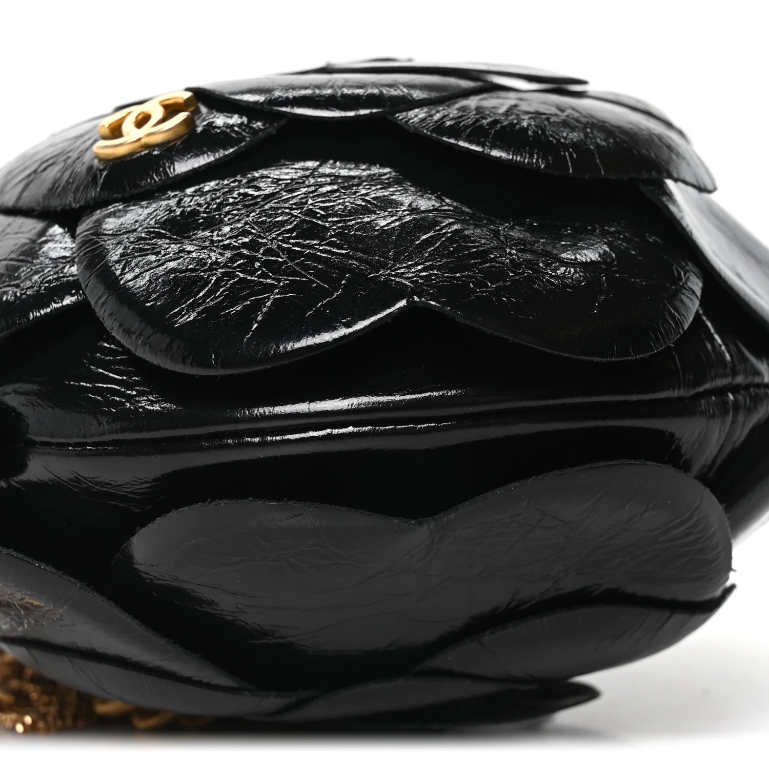 Patent Lambskin Camellia Bouquet Clutch with Chain Black