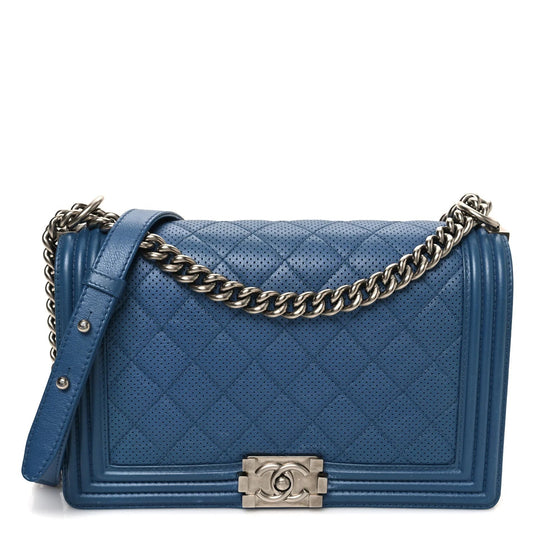 Perforated Lambskin Quilted New Medium Boy Flap Blue
