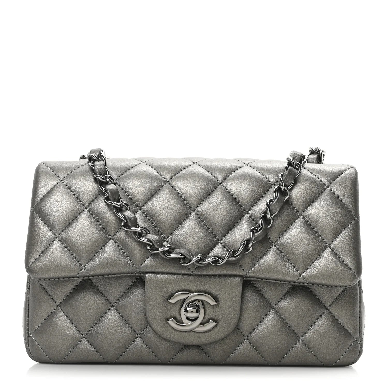 Metallic Lambskin Quilted Mini Rectangular Flap Dark Grey