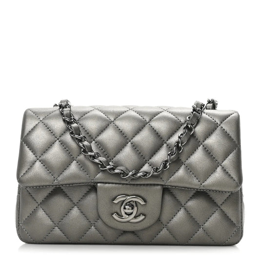 Metallic Lambskin Quilted Mini Rectangular Flap Dark Grey