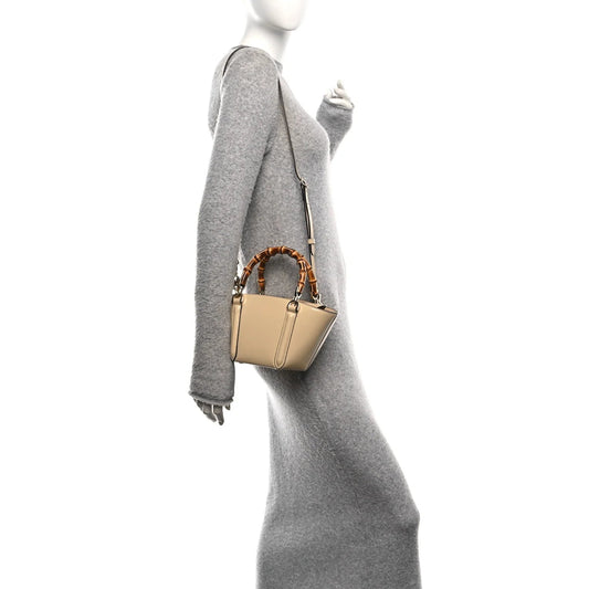 Shiny Calfskin Mini Bamboo Top Handle Tote Bag Beige