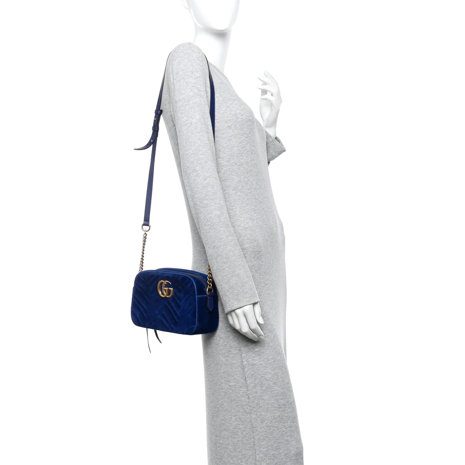 Velvet Matelasse Small GG Marmont Chain Shoulder Bag Cobalt