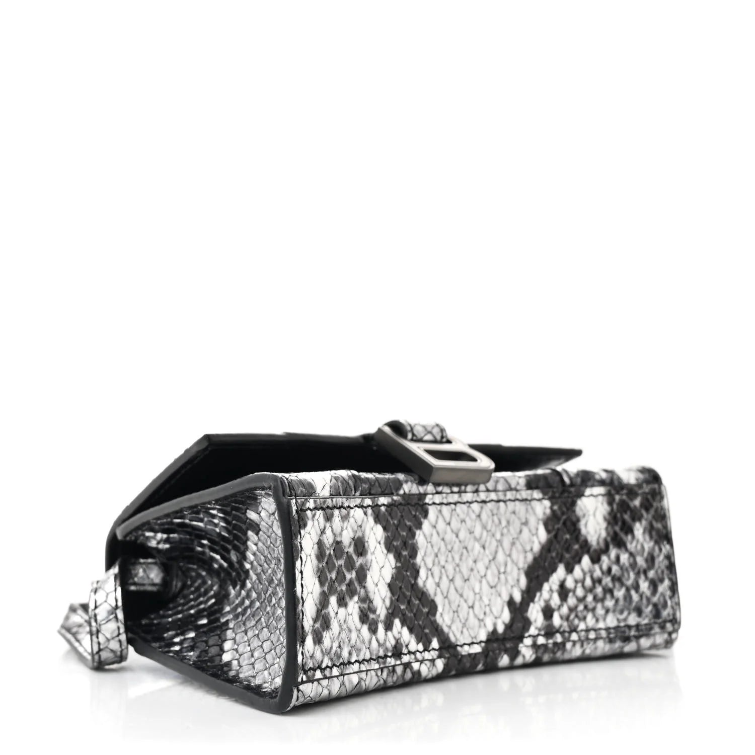 Shiny Calfskin Snakeskin Effect Hourglass Top Handle Bag Mini Silver Black