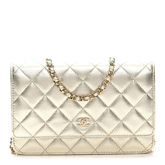 Metallic Lambskin Quilted Wallet on Chain WOC Gold