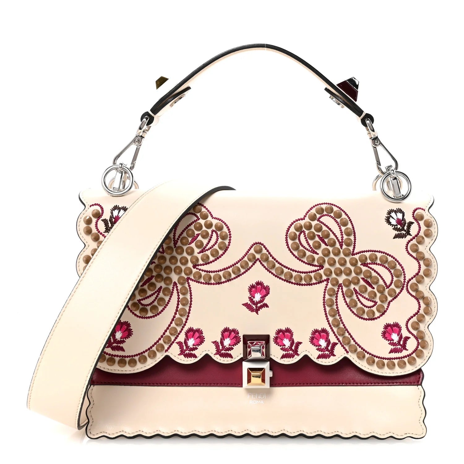 Vitello Liberty Lucido Flowers and Bows Scalloped Studded Kan I Shoulder Bag Camelia Black Cherry