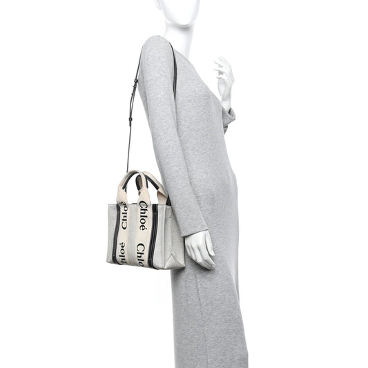 Cotton Calfskin Small Woody Ribbon Tote with Strap White Navy