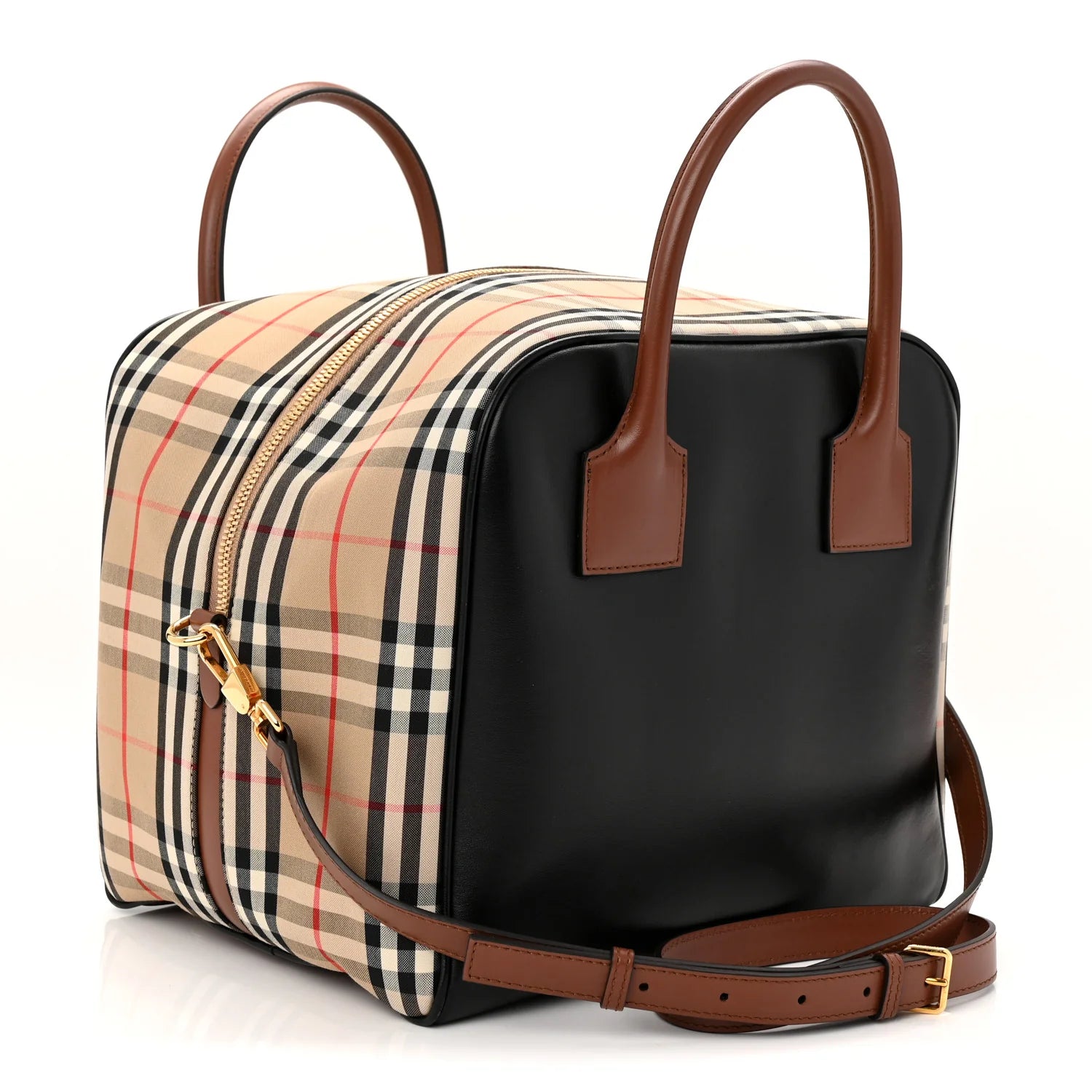 Smooth Calfskin House Check Medium Cube Bowling Bag Archive Beige