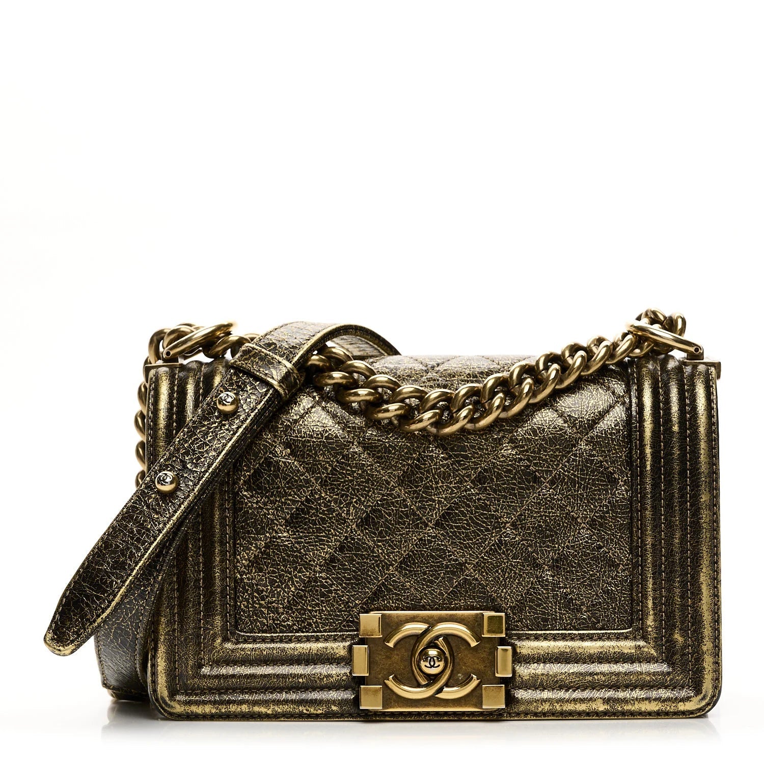 Cracked Metallic Calfskin Quilted Small Boy Flap Gold