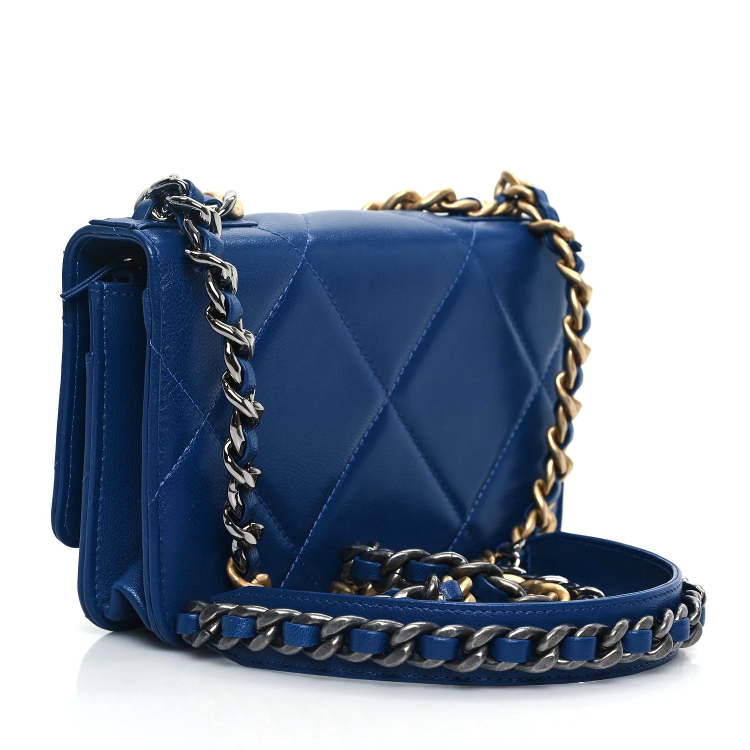 Shiny Goatskin Quilted  19 Wallet on Chain WOC Blue