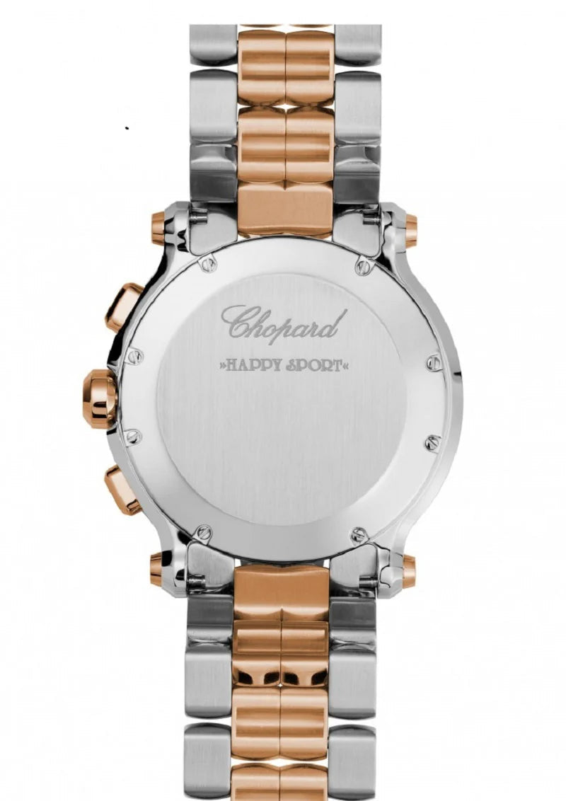 Unworn  Happy Sport Chronograph, Stainless Steel and 18K Rose Gold, 5 Floating Diamonds, 42Mm, Ref# 288499-6002, Box and Papers