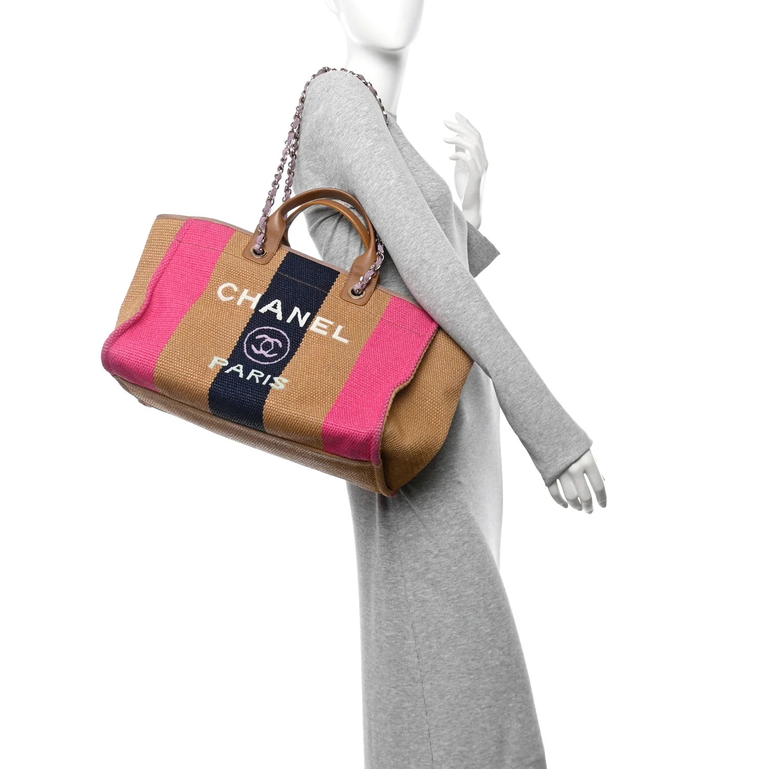 Straw Raffia Calfskin Striped Medium Deauville Tote Dark Beige Fuchsia Navy Blue