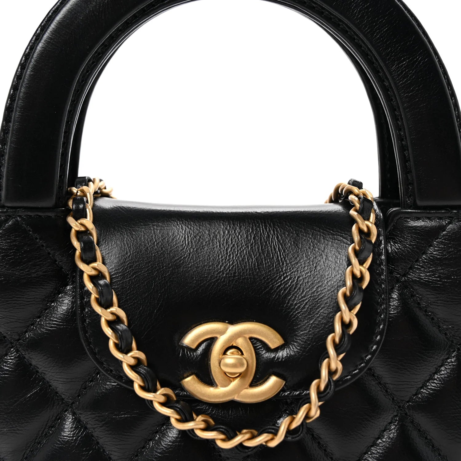 Shiny Aged Calfskin Quilted Nano Kelly Shopper Black