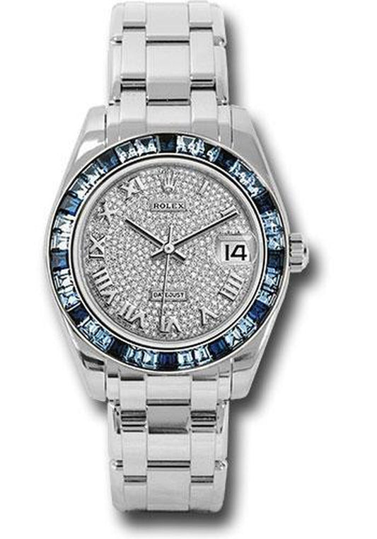 Rolex White Gold Datejust Pearlmaster 34 Watch - 12 Blue and 24 Light-Blue Sapphire Baguettes Bezel - Diamond Paved Roman Dial