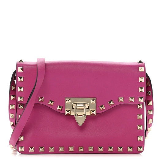 Vitello Small Rockstud Flip Lock Crossbody Bag Fuxia