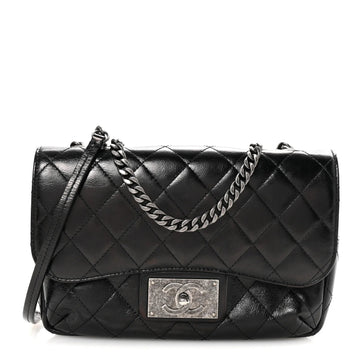 Shiny Goatskin Quilted Medium Flap Black