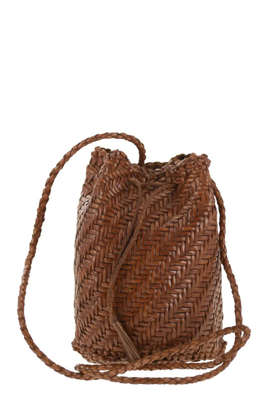 POMPOM DOUBLE JUMP - BUCKET BAG with WOVEN LEATHER