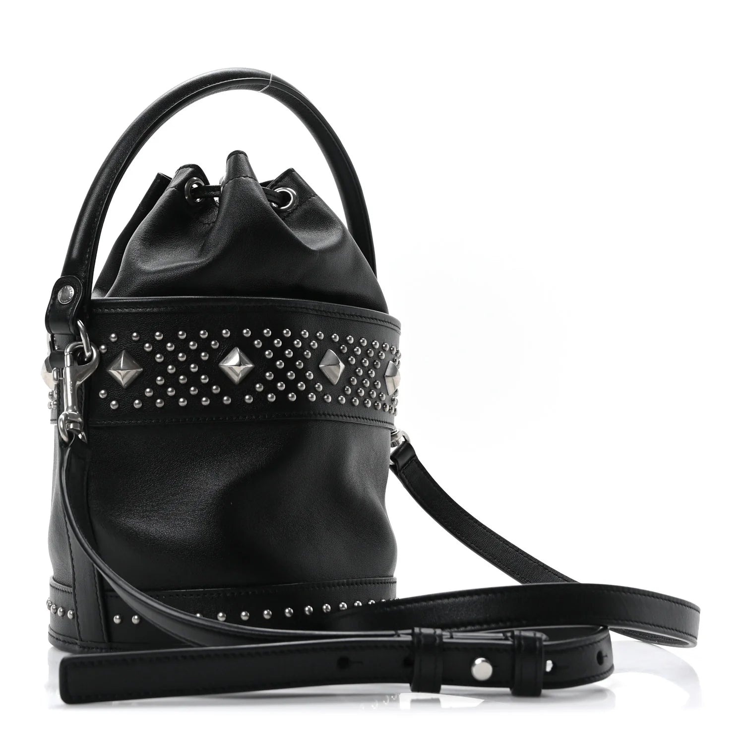 Smooth Calfskin Studded Small Bahia Drawstring Bucket Bag Black