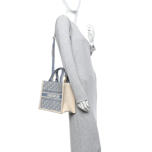 Oblique Chambray Calfskin Small Book Tote with Strap Blue Latte