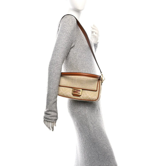 Raffia Vitello King Lucido FF Embroidered Baguette Alchemy Brandy