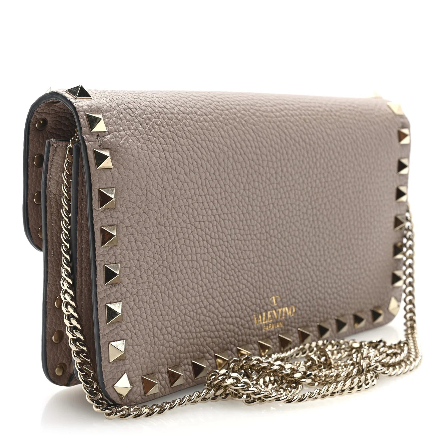 Grainy Calfskin Rockstud Chain Pouch Poudre
