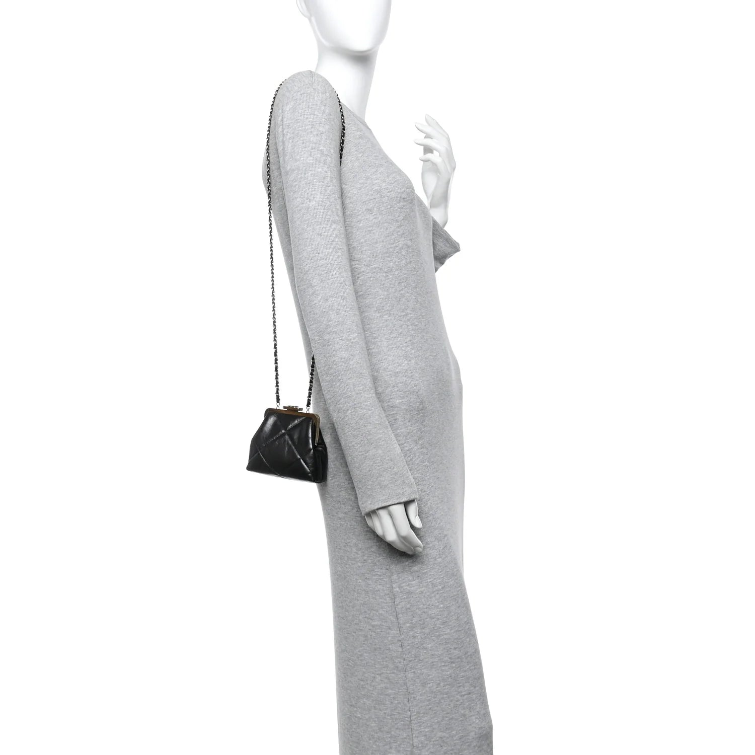 Shiny Aged Lambskin Quilted Kiss Lock Clutch with Chain Black