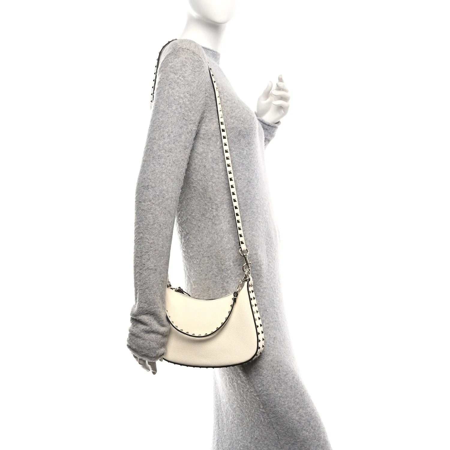 Pebbled Calfskin Small Rockstud Hobo Bag Ivory