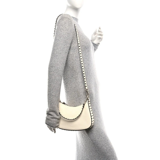 Pebbled Calfskin Small Rockstud Hobo Bag Ivory