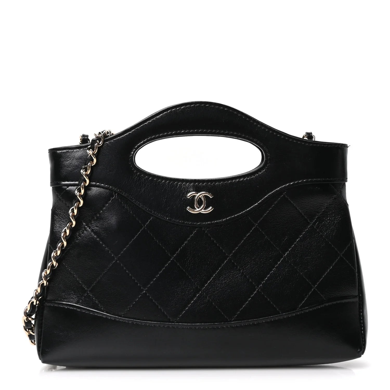 Shiny Crumpled Calfskin Quilted Nano 31 Shopping Bag Black