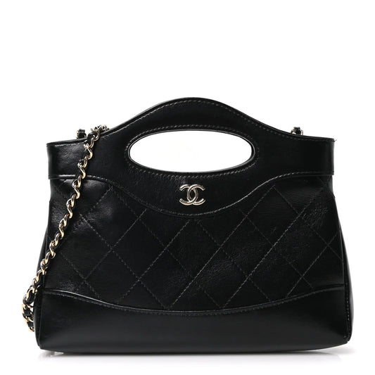 Shiny Crumpled Calfskin Quilted Nano 31 Shopping Bag Black