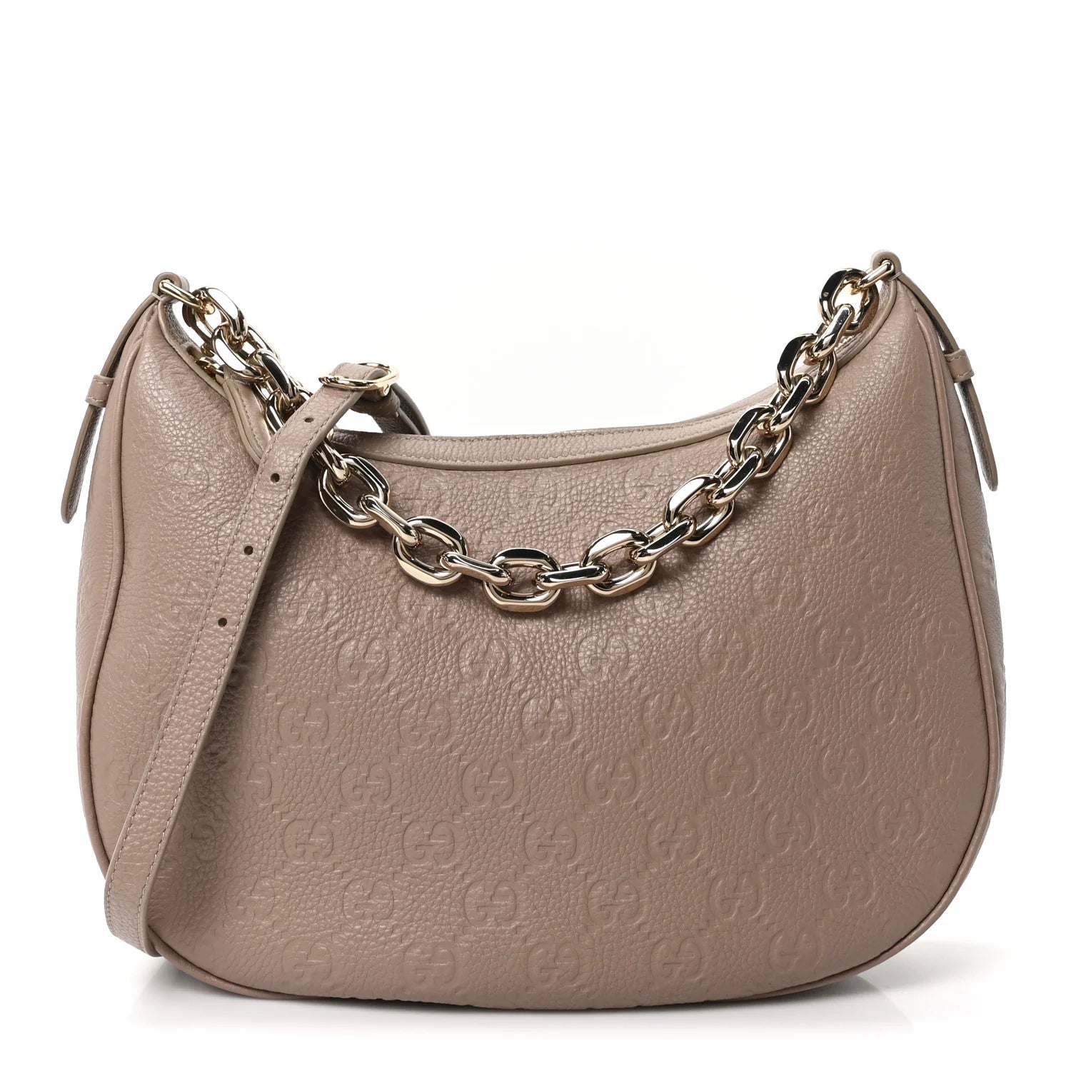 Grainy Calfskin GG Embossed Emblem Large Half Moon Shoulder Bag Taupe