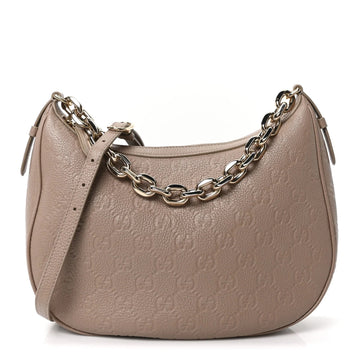 Grainy Calfskin GG Embossed Emblem Large Half Moon Shoulder Bag Taupe