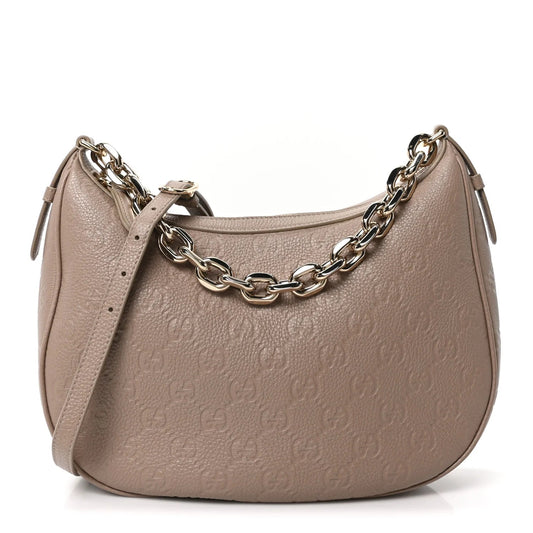 Grainy Calfskin GG Embossed Emblem Large Half Moon Shoulder Bag Taupe