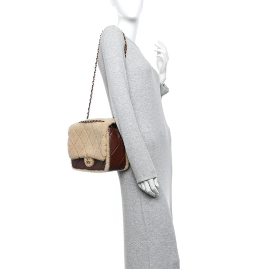 Shearling Lambskin Quilted Large Furry Coco Flap Beige Brown