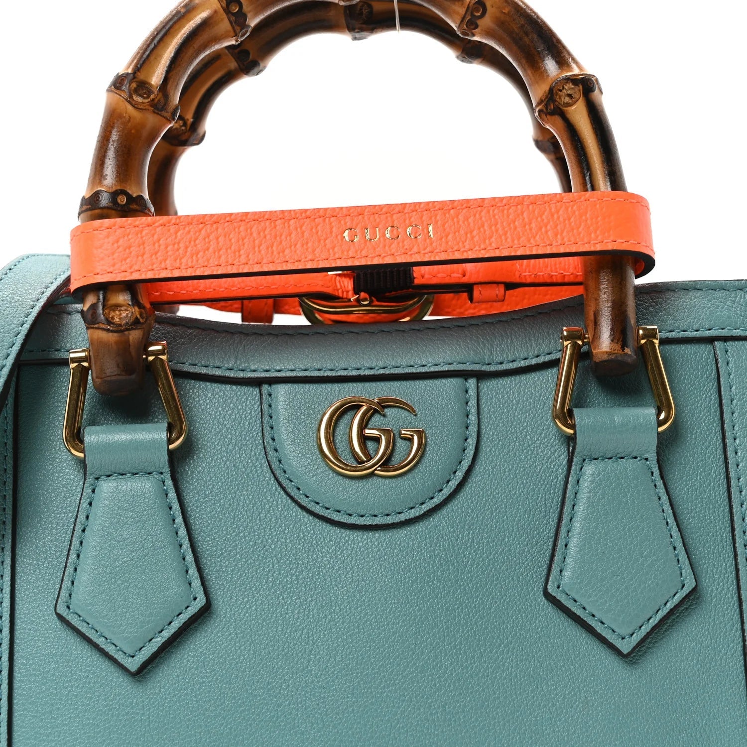 Textured Dollar Calfskin Web Mini Diana Tote Bag Dusty Azure Deep Orange