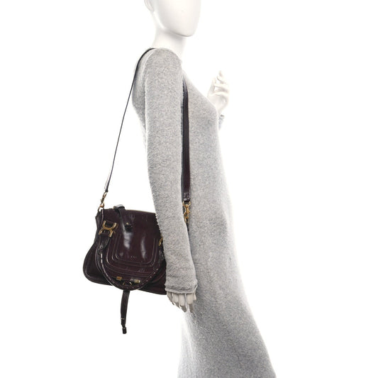 Shiny Calfskin Small Marcie Satchel Auburn Red