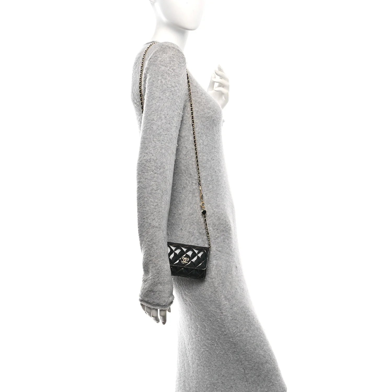 Patent Enamel Quilted Coco Hearts Clutch with Chain Black