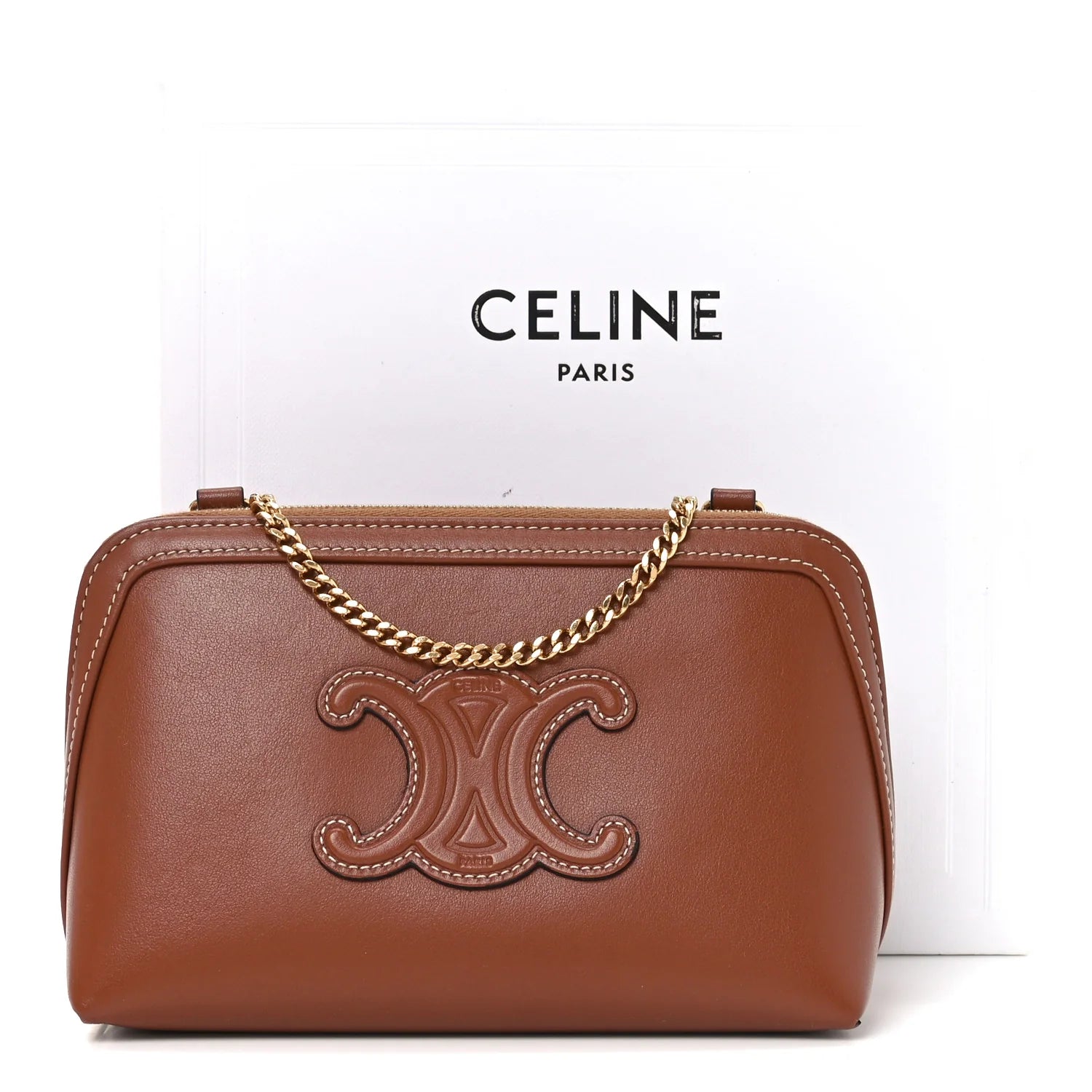 Smooth Calfskin Cuir Triomphe Clutch on Chain Tan