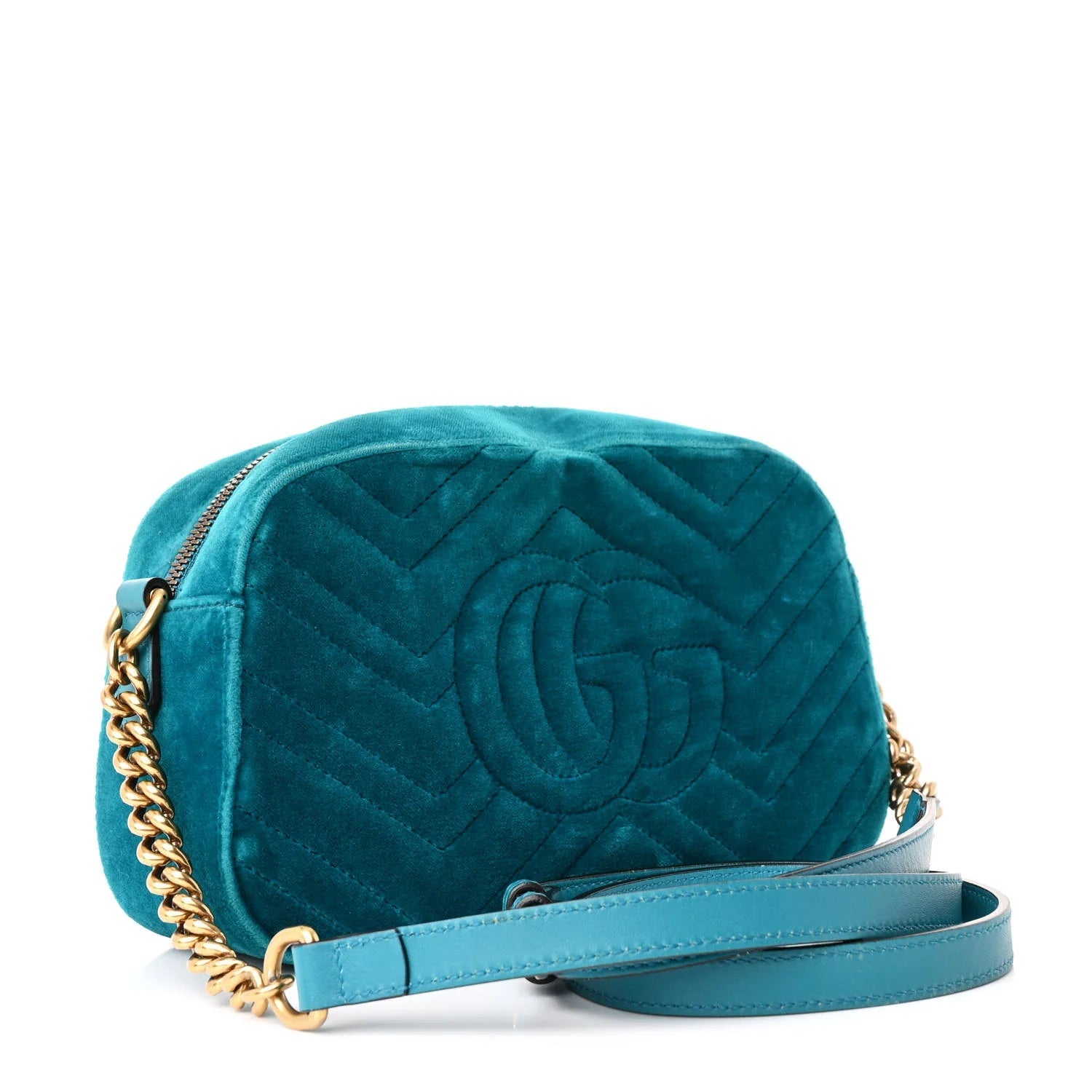 Velvet Matelasse Small GG Marmont Chain Shoulder Bag Pavone Cyan