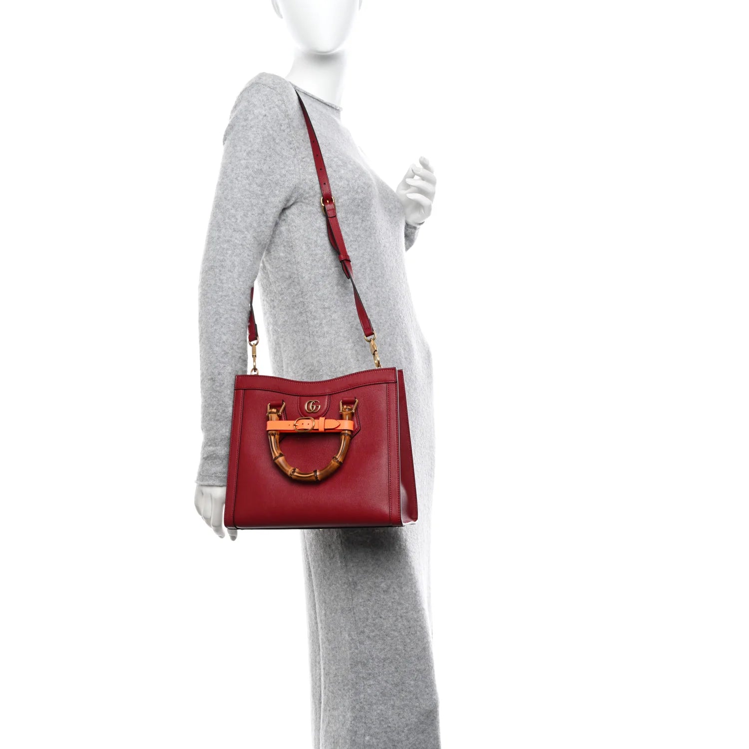 Textured Dollar Calfskin Web Small Diana Tote Bag Dark Red