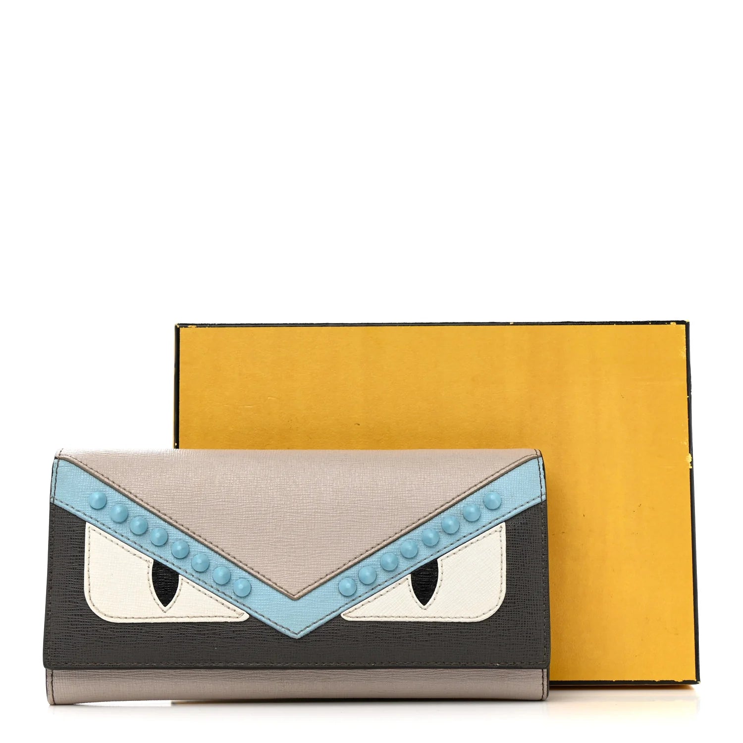 Vitello Elite Monster Eyes Studded Continental Wallet on Chain Carbone White Multicolor